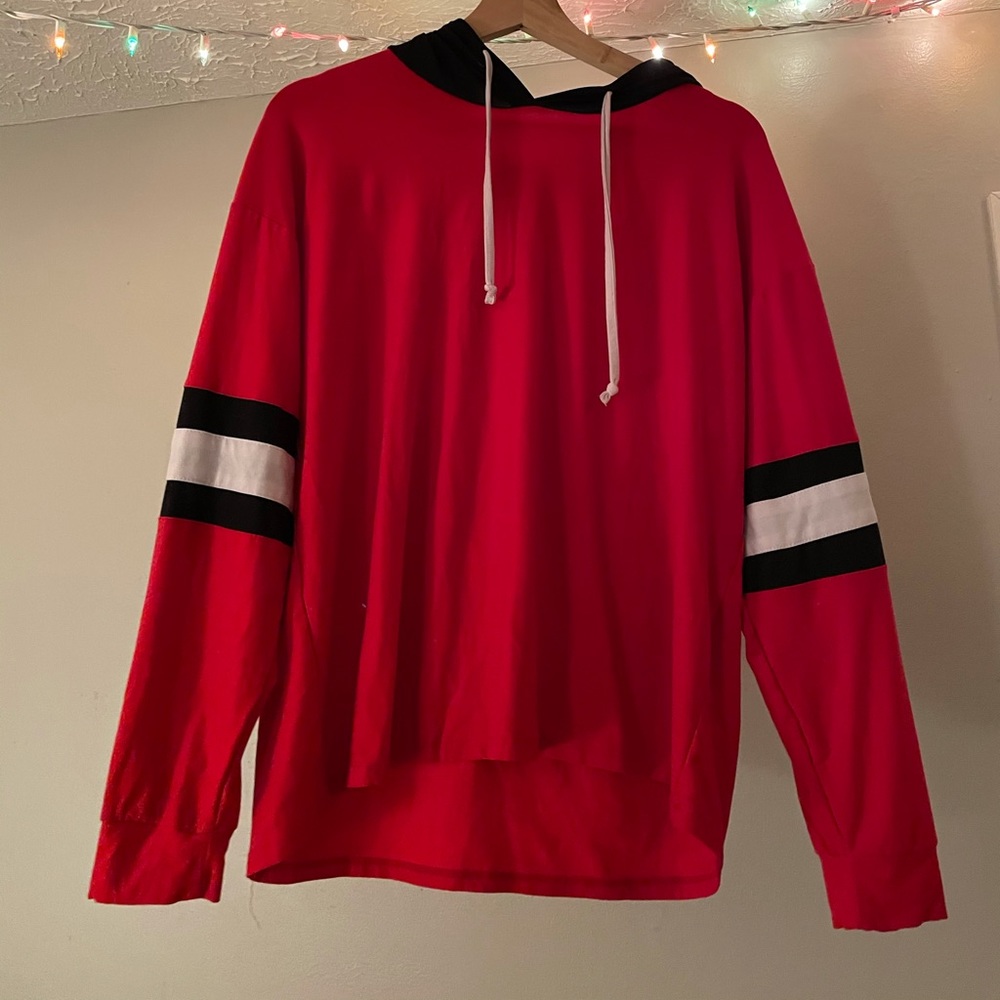 Red, black, and white hoodie